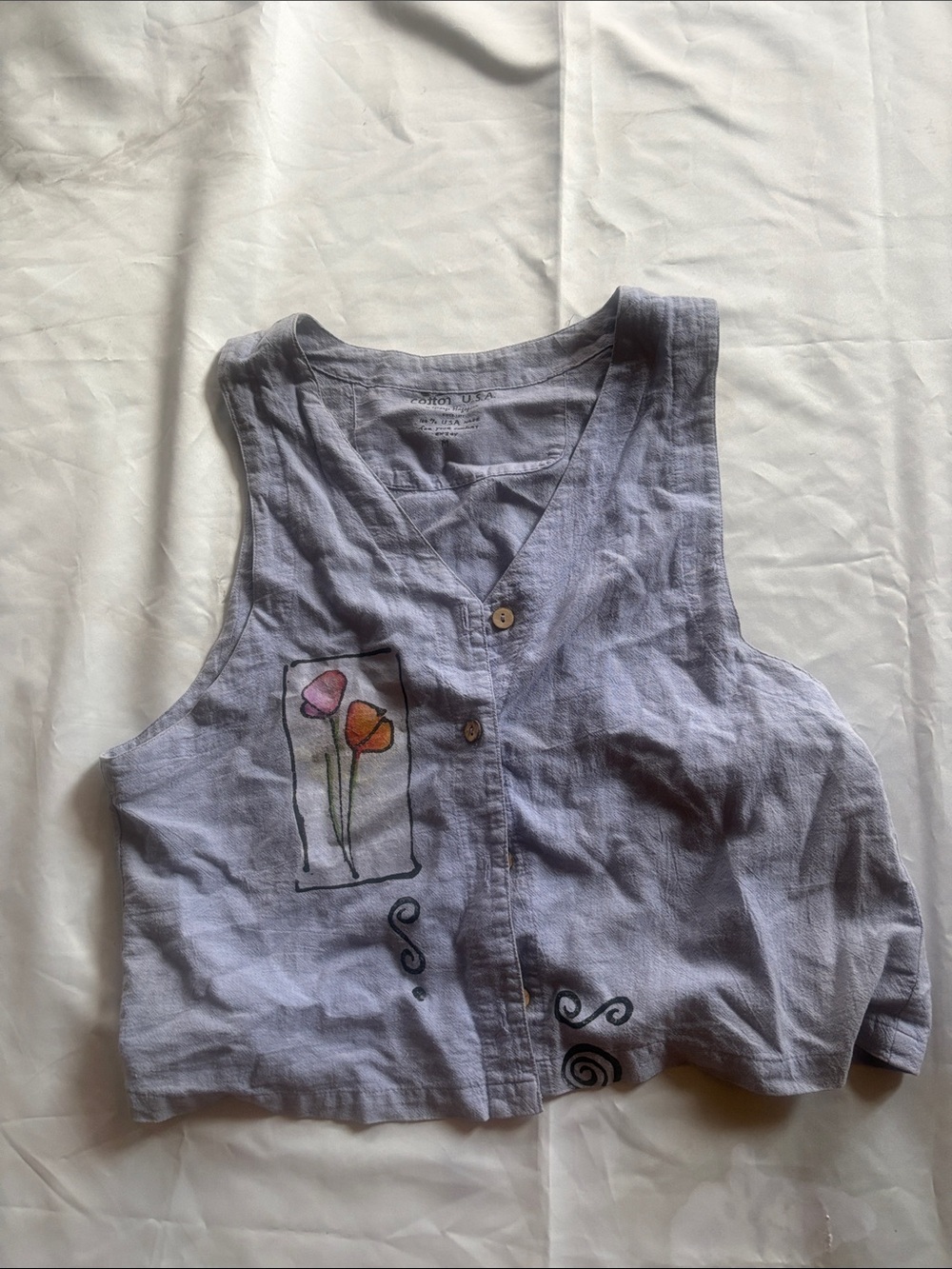 Lavender Button-Front Floral Linen Vest